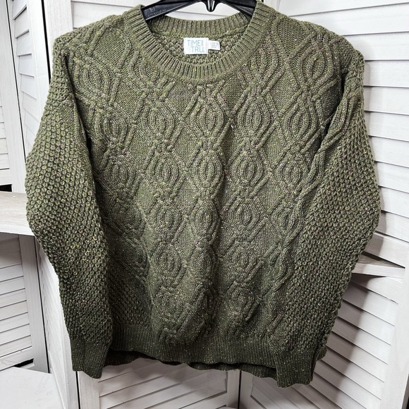 Time and Tru Sweaters - Time and Tru Olive Branch Tweed‎ Cable Knit Sweater Lg 12-14 Chunky Pullover